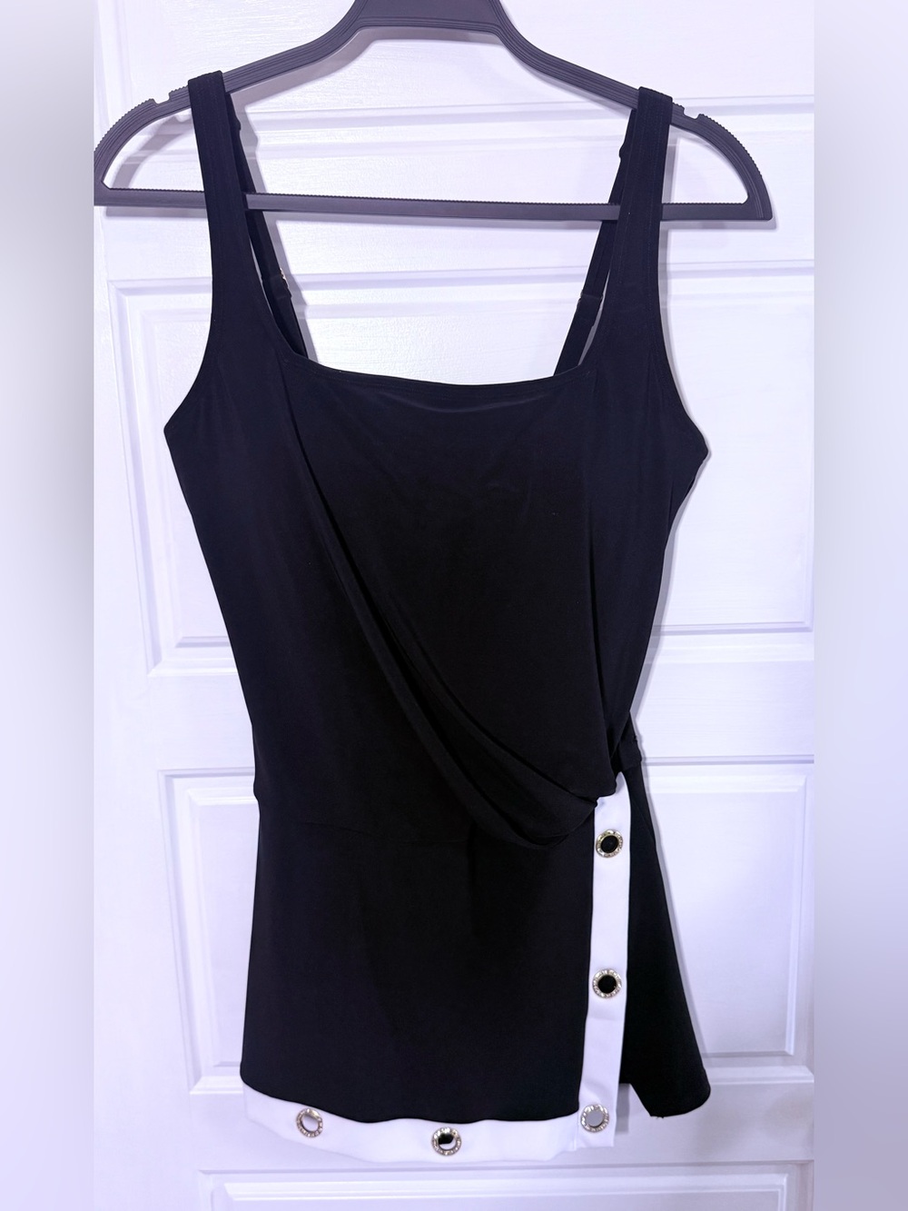 Black Draped Swimsuit Dress Side gold sparkle button detailing